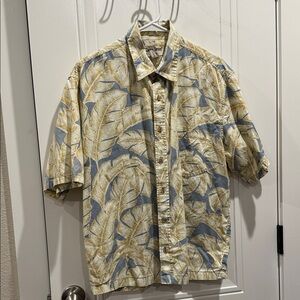 Tropical Leaf Print Men's Shirt - Blue and Cream